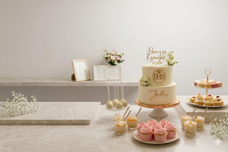 oferta komunijna słodkiej pętelki, torty oraz słodki stół - babeczki, cake popsy, deserki, cukiernia tychy
